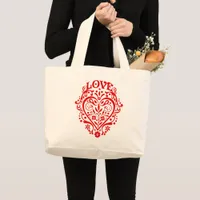 Red Fancy Love Heart  Large Tote Bag