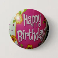 Happy Birthday Balloon w/ Flowers, Balloon Design Pinback Button