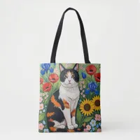 Calico Cat and Folk Art Sunflowers Tote Bag