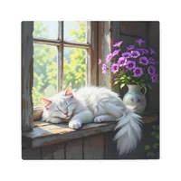 Cat Napping on the Window Sill | Purple Flowers Metal Print