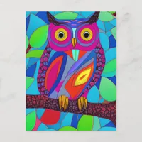 Whimsical Owl with Colorful Feathers Postcard