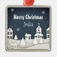 Whimsical Magical Snow Xmas Chic Blue Metal Ornament