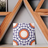 Mediterranean Azulejo Blue White and Orange Mosaic Ceramic Tile