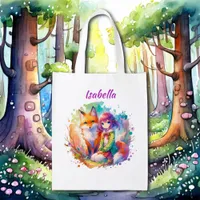 Pretty Watercolor Anime Girl and Fox Grocery Bag