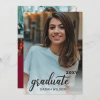 Burgundy  Modern Script Two Photos Graduation Invitation