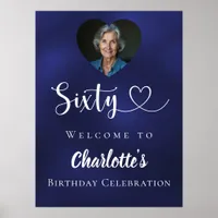 Navy blue 60th birthday party photo heart welcome poster