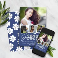 Trendy Retro Blue Floral Graduation Photo Collage  Announcement