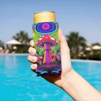 Psychedelic Vibrant Colorful Retro Mushrooms Seltzer Can Cooler