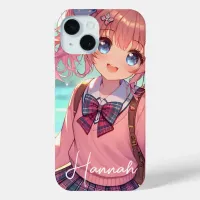 Pretty Anime Girl in Pink Pigtails iPhone 15 Case