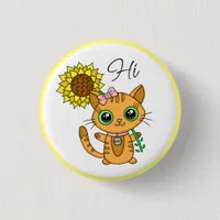 Hi and Hugs | Cute Cat with Sunflower Button