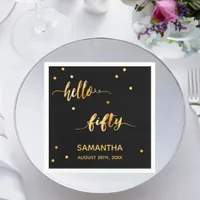 50th birthday black gold hello 50 name script napkins