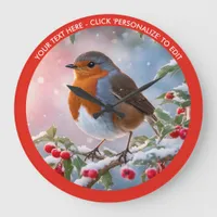 Winter Robin In Snow Custom Text Christmas Large Clock