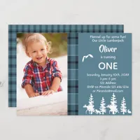 Photo lumberjack 1st birthday party blue boy invitation