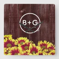 Rustic Autumn Sunflowers on Fence Wedding Square Wall Clock