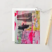 A Vintage Boat Mixed Media Collage Pink Yellow Postcard