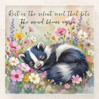 An Adorable Skunk Napping in Flowers and Quote Glass Coaster