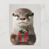 Adorable Christmas Otter With Present Postcard