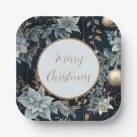 Blue and Gold Christmas Ornaments Poinsettias Paper Plates