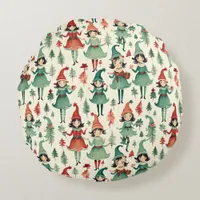 Cute Vintage Female Elves Christmas Seasonal  Round Pillow