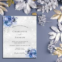 Budget silver blue florals wedding invitation