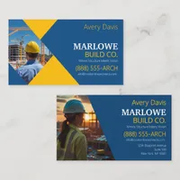 Modern Construction Company Photo Blue & Yellow Business Card