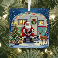 Santa Drinking Hot Cocoa outside his RV Christmas Metal Ornament