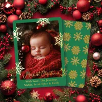 Gold Foil Snowflakes and Family Photo Personalized Foil Holiday Card