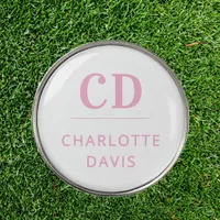 Pink white monogram initials name golf ball marker