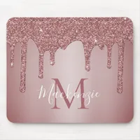 Girly Pink Sparkle Glitter Drips Monogram Mouse Pad