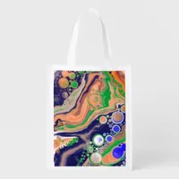 Blue, Coral and Green Pour Painting Fluid Art   Grocery Bag