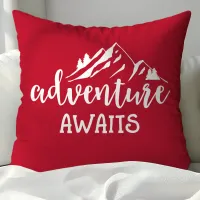 Adventure Awaits Wilderness Quote Red and White Throw Pillow