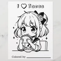 Color Me Page for Kids | I Love Tacos Anime Girl