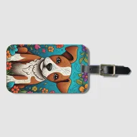 Cute Puppy with Whimsical Folk Art Flowers Luggage Tag