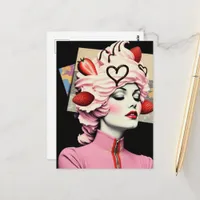 Strawberry Dessert Woman Mixed Media Collage Postcard