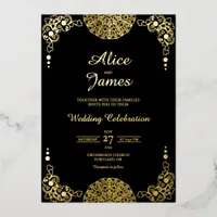 Mandala Floral Black Gold Foil Wedding Invitation