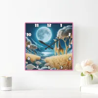 Giraffes grazing under a full moon in Africa Square Wall Clock