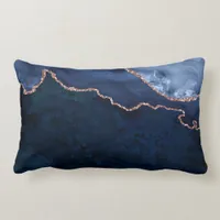 Abstract Midnight Blue Marble With Rose Gold Lumbar Pillow