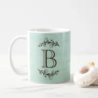 Rustic Elegant Monogram Floral Brown Teal Burlap Coffee Mug