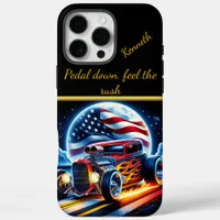 Classic hot rod with flames cruising at sunset iPhone 16 pro max case