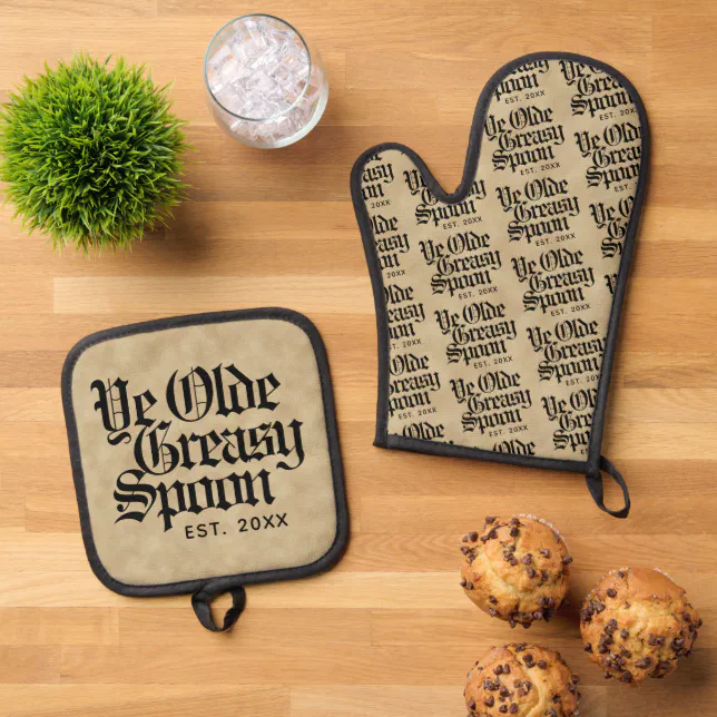 Funny Blackletter Script Ye Olde Greasy Spoon Oven Mitt & Pot Holder Set