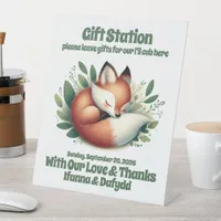 Cute Baby Fox Cub Sleeping in Bed of Leaves Pedestal Sign