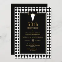 Elegant Black & Gold Milestone Age Tuxedo Birthday Invitation