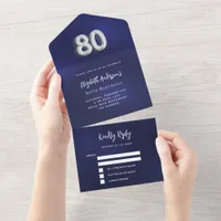 80th Birthday navy blue silver rsvp All In One Invitation