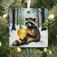 Cute Winter Raccoon with Gold Ornament Christmas