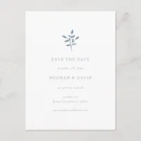 Dusty Blue Simple Botanical Save The Date Announcement Postcard