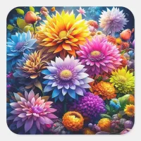 Pretty Colorful Watercolor Ai Art Flowers  Square Sticker