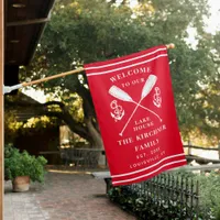 Welcome To Our Lake House Family Monogram Red Flag