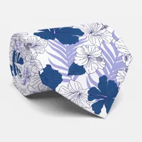 Hibiscus Flowers Blue White Beach Wedding Neck Tie