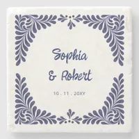 Mexican Navy Blue Talavera Tiles Wedding Stone Coaster