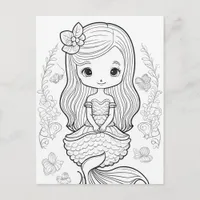 Color Your Own Mermaid Black Line Drawing Postcard